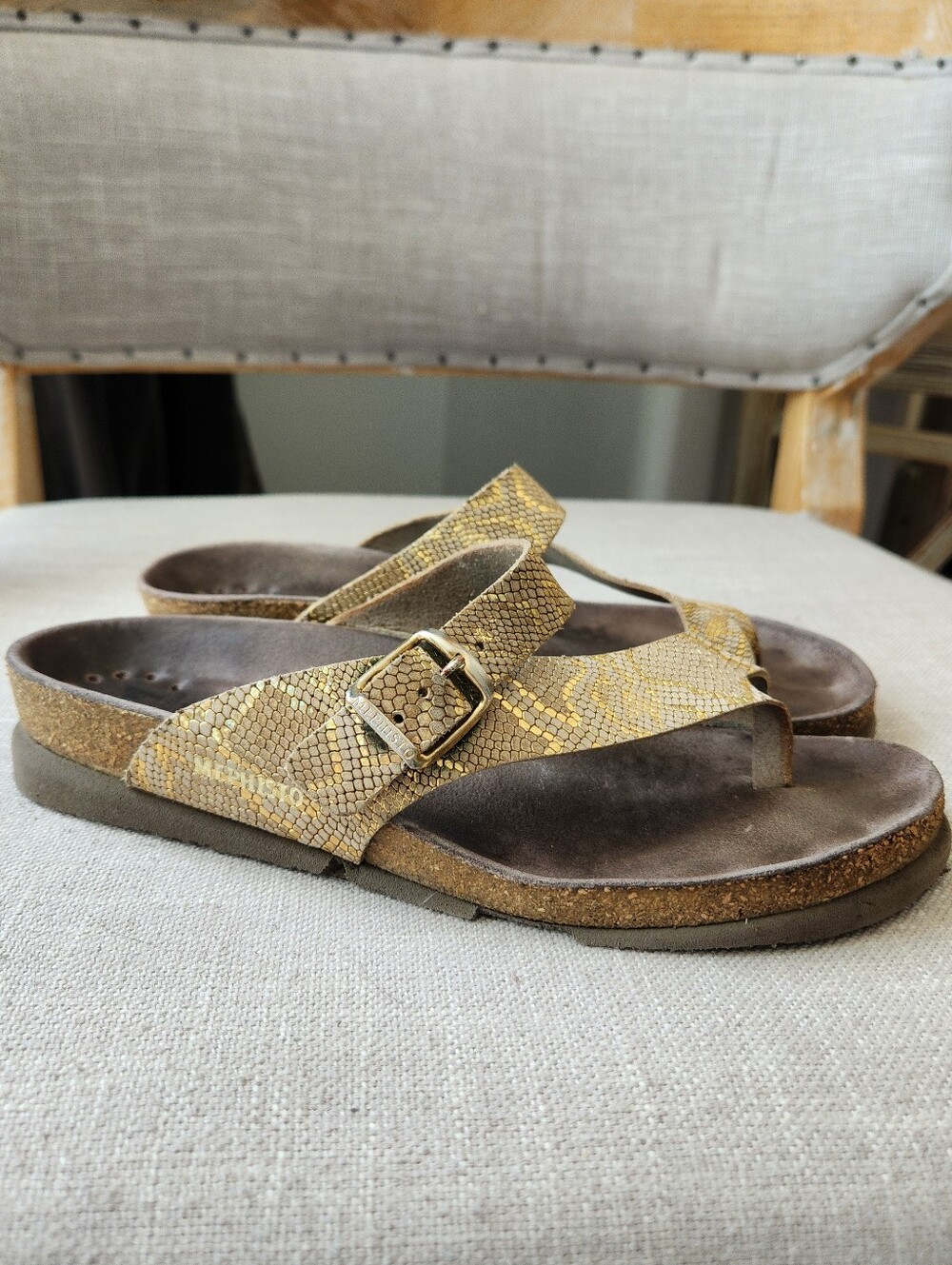 Mephisto Leather Gold Snake Slide Sandal "Helen" 38 7.5-8 Birkenstock Style - Picture 4 of 12